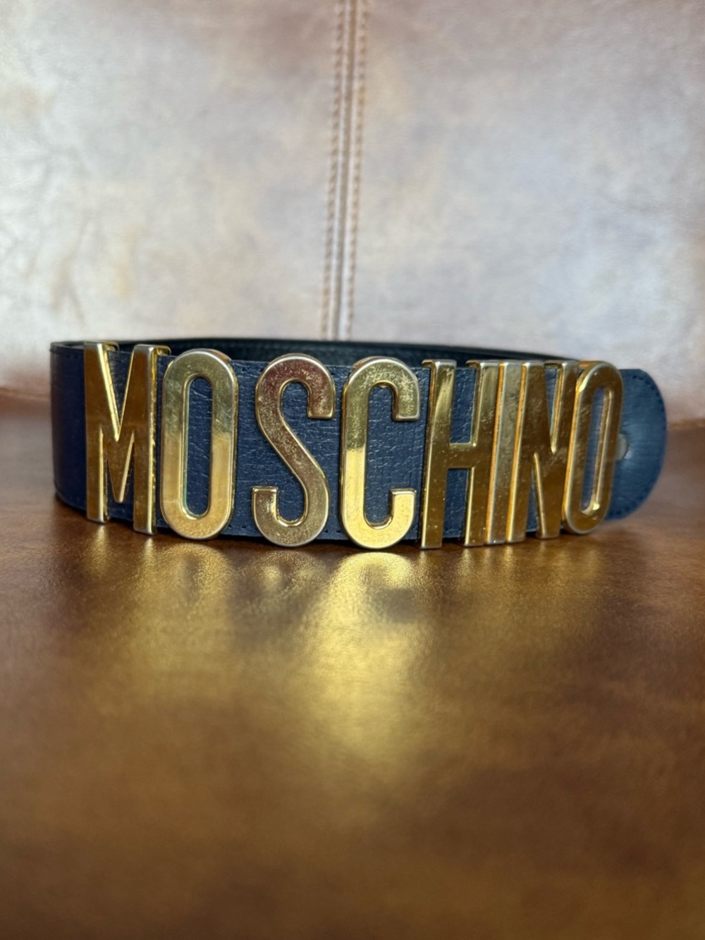 Moschino Navy Leather Belt with Gold MOSCHINO Lettering